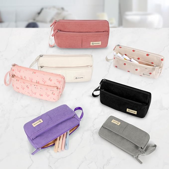 FINPAC Pencil Case, Corduroy Triangle Makeup Bag, Kawaii Pen Bag Pouch Holder Box Organize for Study, Office, or Travel (Pink Rose Bow)