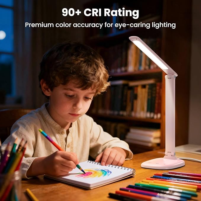 Desk Lamp with Charger, 10%-100% Stepless Dimmable & 5 Color Modes Study Lamp, Touch Control, 30-/60-minute Timer, USB Charging Output Port, CRIโฅ90, Eye-Caring Foldable LED Desk Lamps for Home Office