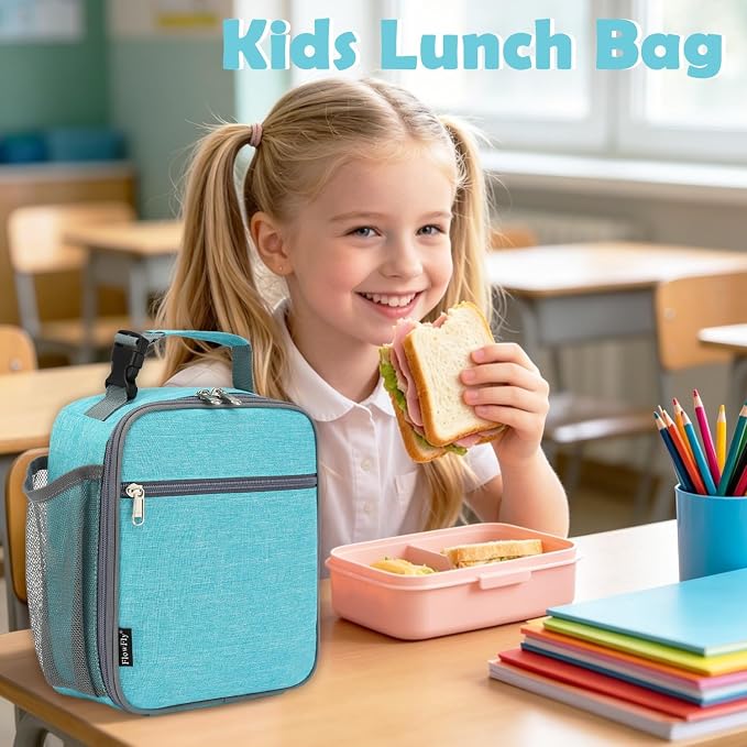 FlowFly Kids Lunch box Insulated Soft Bag Mini Cooler Back to School Thermal Meal Tote Kit for Girls, Boys, Sea Blue