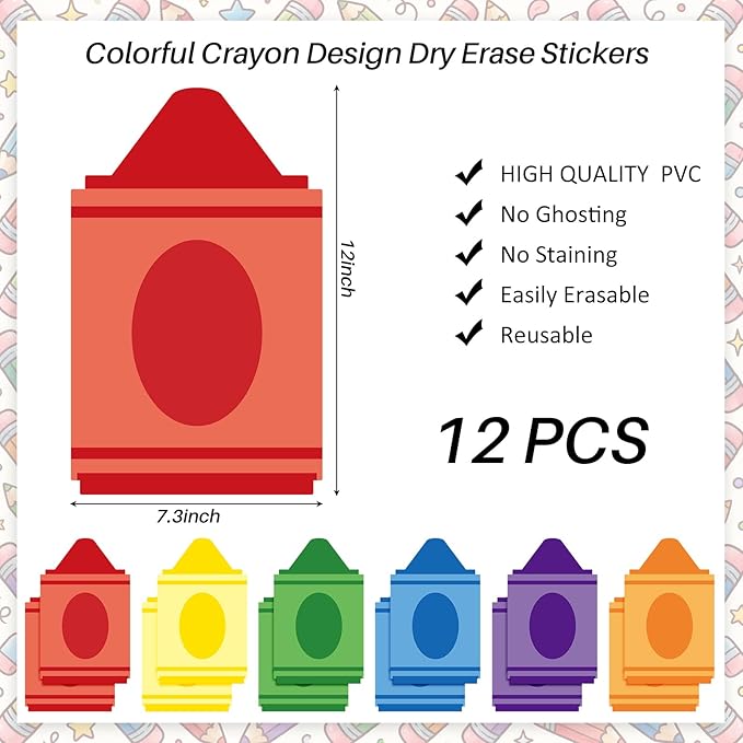Lincia 12 Pcs Dry Erase Dots for Classroom Table Classroom Decor Boho Colorful Stickers for Whiteboard Wall Decor Removable Dry Erase Circles for School Teacher Supplies(Crayon, Colorful)