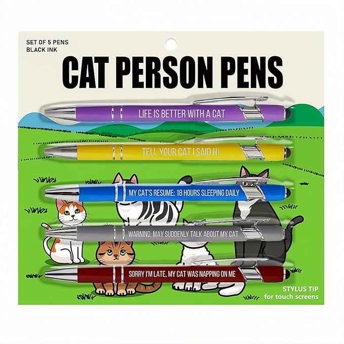 Jxueych 5-Pack Cat Person Ballpoint Pens with Stylus Tip, Feline Quotes, Vibrant Colors Barrel, Smooth Writing Black Ink, Gift for Fancy Feline Fans Cat Lover