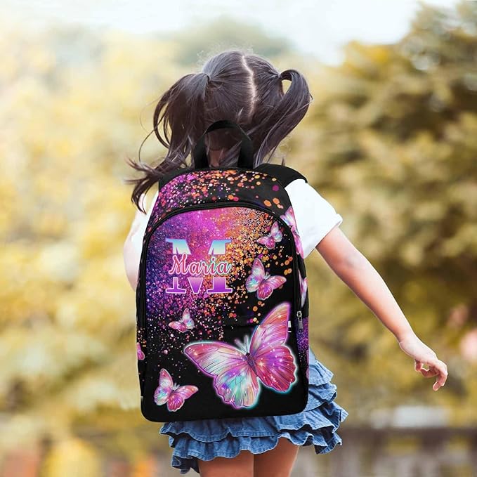 M YESCUSTOM Custom Girls Backpack Lunch Bag Set with Name, Pink Black Butterfly Personalized Kids Backpack for Girls School Travel Kindergarten Bookbag with Water Bottle Pencil Pouch