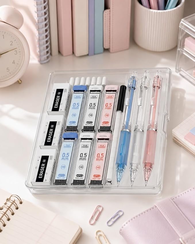 Four Candies Cute Mechanical Pencil Set, 3-Pack 0.5mm | 360 Lead Refills, 3 Erasers, 9 Eraser Refills, Non-Slip Rubber Grips, Aesthetic Design, for Detailed Writing and Drawing