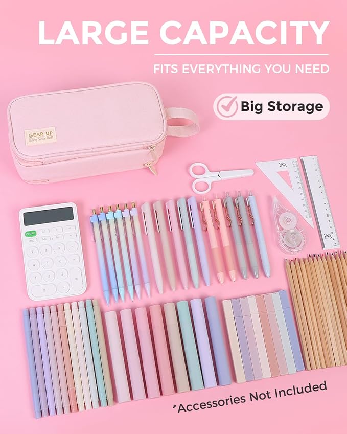 SKYDUE Large Capacity Pencil Case with Handle, 3 Compartment Canvas Pencil Pouch, Cute Soft Color Pencil Bag for Pens, Markers, Aesthetic Stationery and Organizer for Teen Girls Adult, Pink