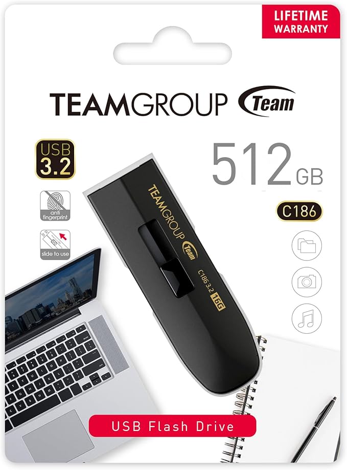 TEAMGROUP C186 512GB USB 3.2 Gen 1 (USB 3.1/3.0) Read 100MB/s Flash Thumb Drive, External Data Storage Memory Stick Compatible with Computer/Laptop Black TC1863512GB01