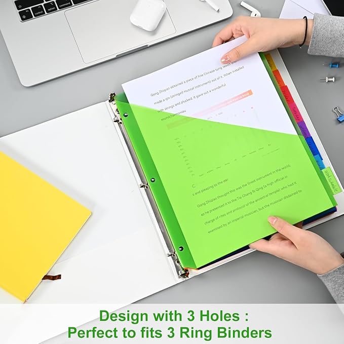 8-Tab Binder Dividers - Index Pockets Divider for 3 Ring Binders, 3-Hole Plastics Sheets Protectors for US Letter Size in 0.5'', 1'', 2'', 3 inch Binders, 8 Colors (XY004) (24 Packs)