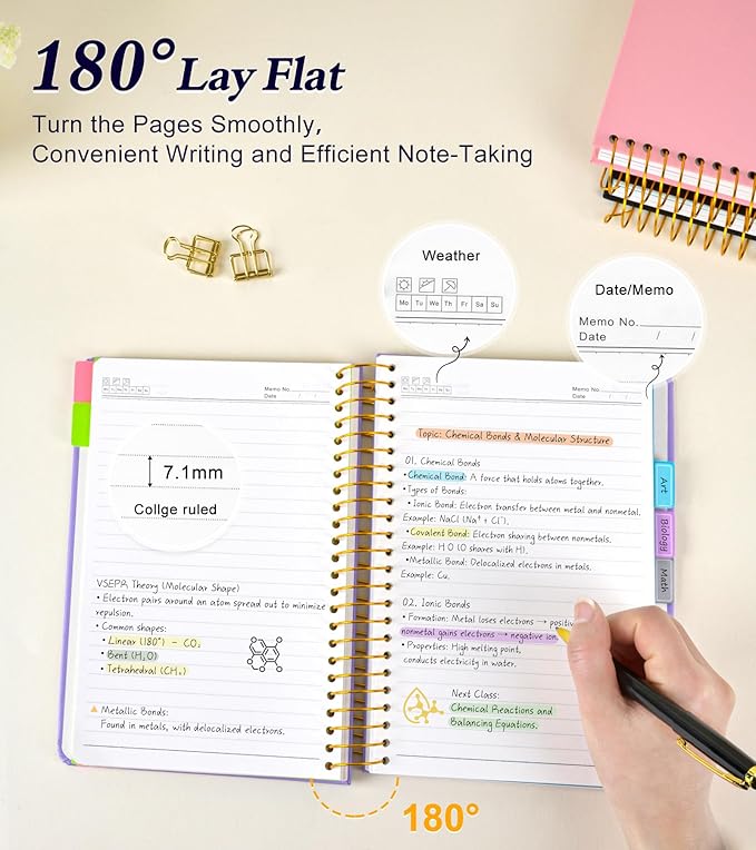 5 Subject Notebook College Ruled 240 Pages, A5(5.8"x8.3") Hardcover Spiral Notebook with Removable Pocket Dividers Tabs, Lined Spiral Journal Notebook for Women, Notebooks for Work School Note taking purple