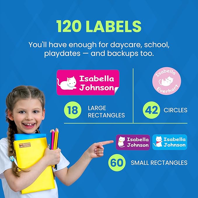 120-ct Personalized Waterproof Name Labels – 3-Line Custom Stick-On Tags for Daycare & Camp – Dishwasher-Safe, Cute Pastel Designs, Pre-Cut
