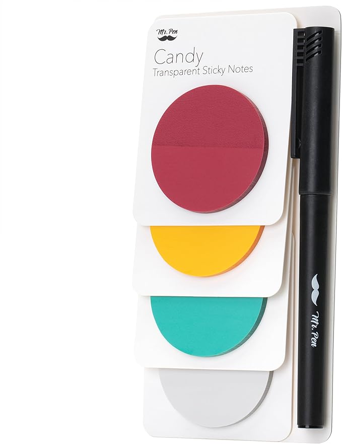 Mr. Pen- Round Transparent Sticky Notes, 1.8”, 4 Pads with Black Fineliner, 200 Sheets, Smooth Writing, Water-Resistant, Clean Removal, Easy-Peel Sticky Notes for Bible Journaling & Planning