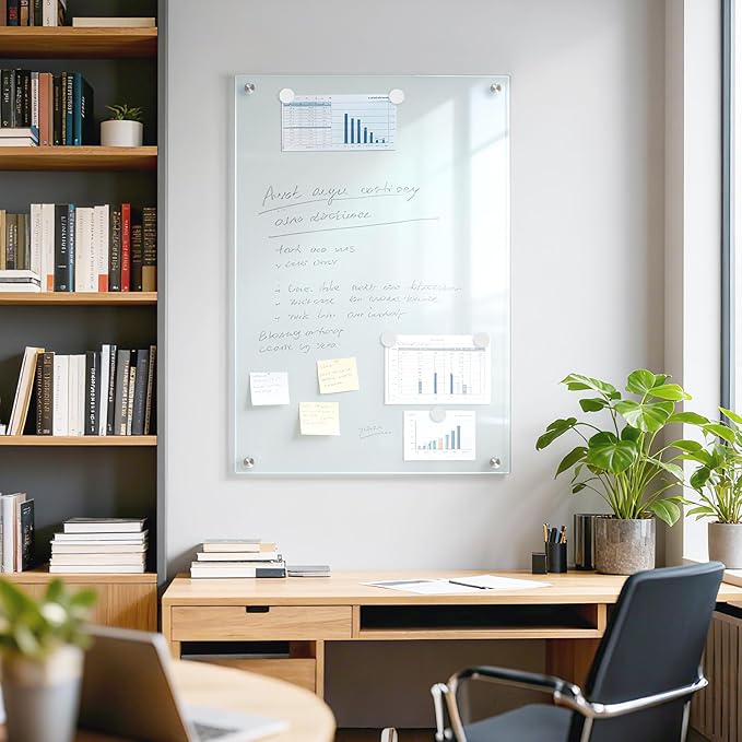 Dry Erase Board, 48'' x 36'' Magnetic Large Glass Whiteboard Frameless Wall Mounted Glass White Board for Office, School & Home with 1 Acrylic Marker Tray & 3 Strong Magnet