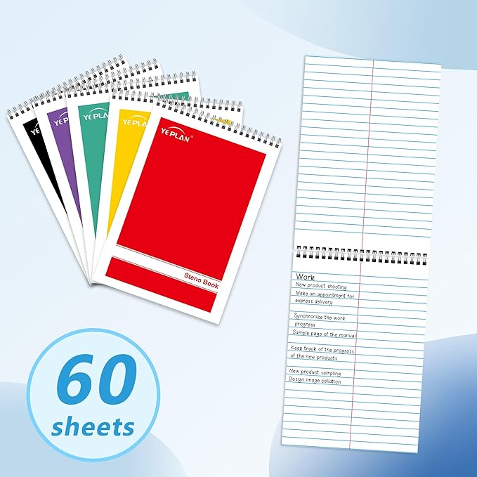 Yeplan Steno Pads Spiral Notebook 6x9 12 Pack, Top Spiral Notebook with Gregg Ruled White Paper, Notebooks & Writing Pads for School, College, Work, Office, Home, 60 Sheets, 6 Assorted Colors