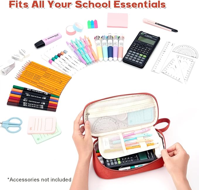 Pencil Case Pouch, Large Capacity Pen Bag Organizer, Cute Aesthetic Pencil Box for Girls Boys Kids, Back to School Supplies, Teacher Supplies Classroom Essentials, Red