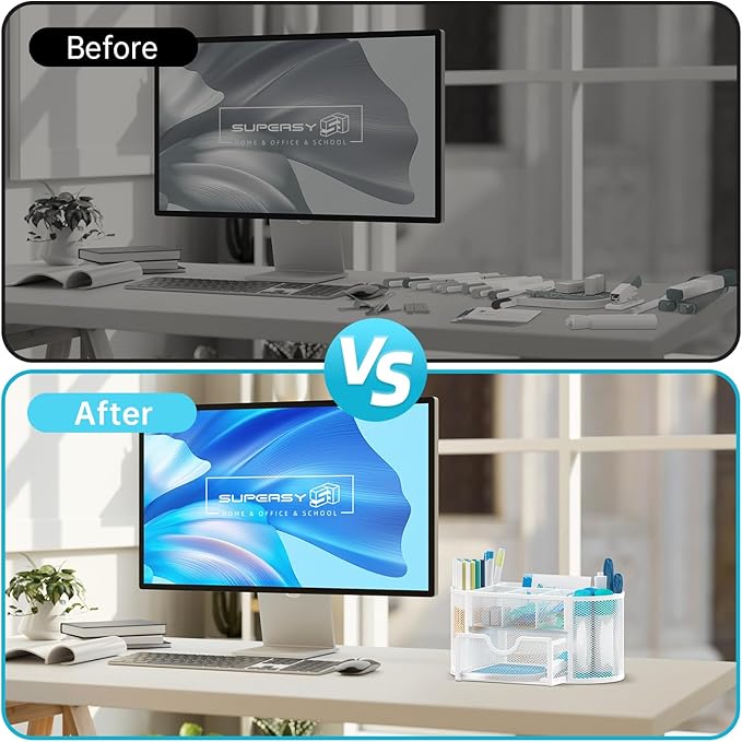 SUPEASY Mesh Desk Organizer, Desk Accessories & Workspace Organizers with Drawers, Pencil Holder for Desk with 9 Compartments for Office Supplies, School, Classroom, 8.6 x 4.3 x 4.1 Inch, White