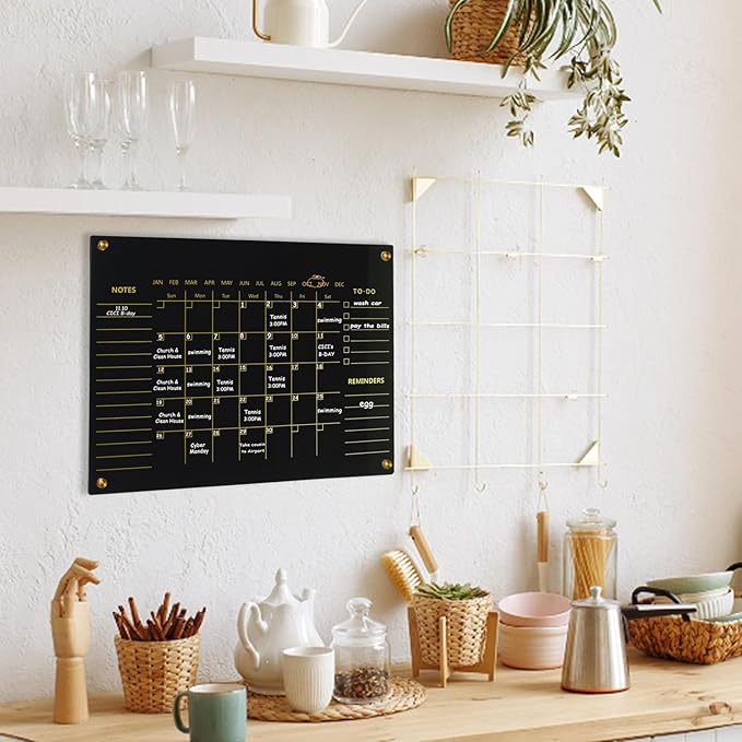 Black Acrylic Calendar Dry Erase for Wall, Family Planner, Monthly Calendar Dry Erase Whiteboard for Home, Office, 24" x 16"Reusable White Board((Acrylic-BK-4060)