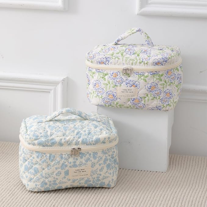 uekeboag Large Travel Quilted Makeup Bag for Women | Soft Floral Cotton Cosmetic Bag, Foldable Coquette Aesthetic Toiletry Organizer