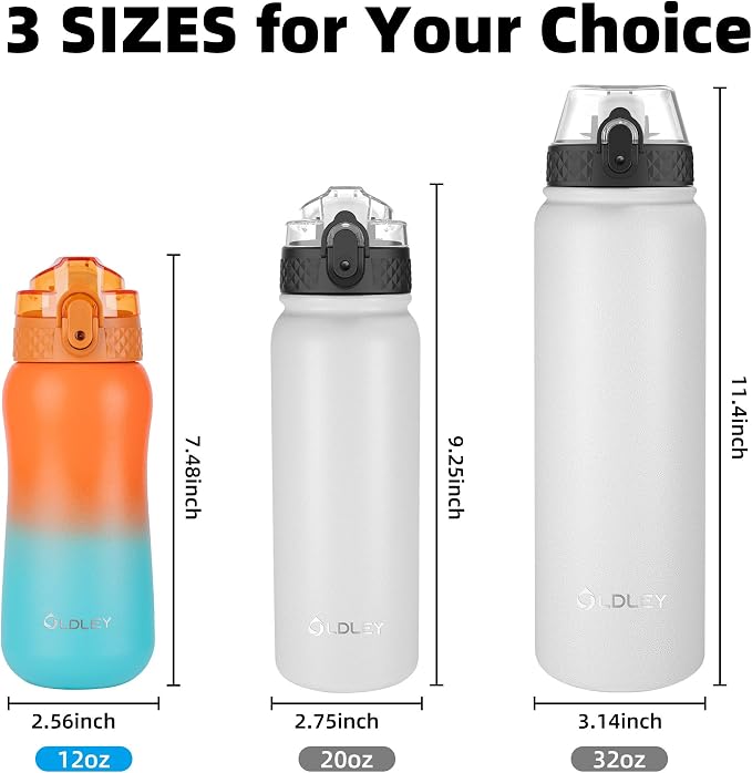 Oldley Insulated Water Bottle 12oz Kids Water Bottles with Straw, Stainless Steel Water Bottle with 2 Lids,Double Wall Vacuum Bottle, Leak-Proof Sport Bottles for School Travel, Ombre Orange-green