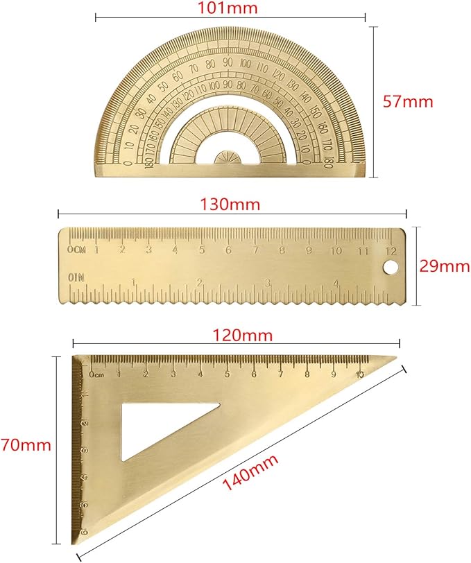 3 Packs Brass Triangle Ruler Protractor Set, Geometry Scale Ruler, Math Semicircle Protractor, Triangular Square Ruler, Drafting Tool Kit for Students Architects Engineers