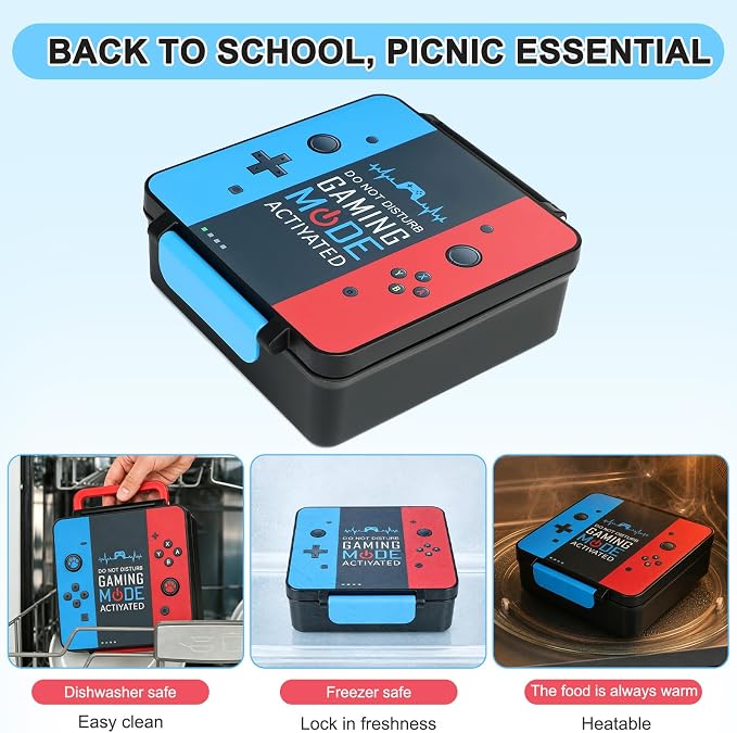 Gamer Bento Lunch Box for Kids, 60 OZ Kids Lunch Box with 8 OZ Leakproof Stainless Steel Insulated Food Jar, 3-4 Compartments Bento Box for School, Includes Sauce Cup & Divider (Blue-Red-A)