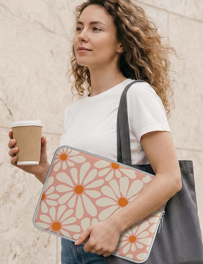 iCasso Laptop Sleeve 13 inch for MacBook Air 13-13.6 inch, Chic MacBook Neo/Pro 13 inch case, Slim Protective Travel Carrying Case for MacBook Pro 14 inch, Chromebook, HP, Dell, Orange Daisy
