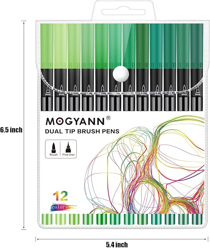 Green Markers, 12 Pack Dual Brush Pens Drawing Markers for Art Sketching