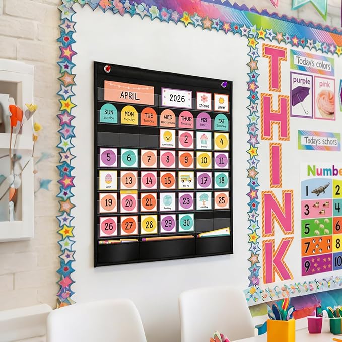 Classroom Calendar Pocket Chart with 96 Laminated Cards, 46 Clear Pockets & 3 Storage Pockets, Ideal for Preschool Homeschool Learning