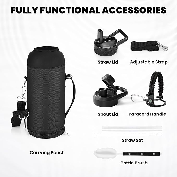 RAYMYLO Insulated Water Bottle 32 oz, Triple Wall Vacuum Stainless Steel (Cold for 24Hrs, Hot for 12Hrs), Leak Proof & Non-BPA, Modern Water Flask Jug with Paracord Handle & Straw Spout Lids