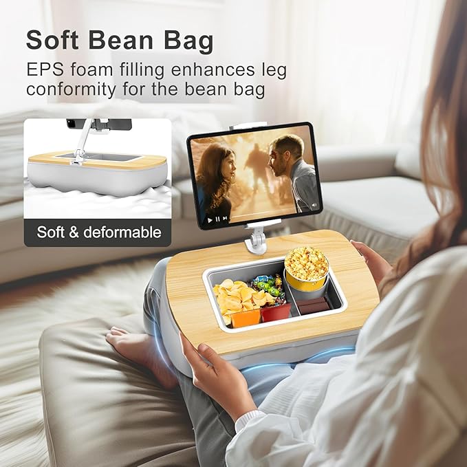 ERGONOV Tablet Stand Pillow with Snack Bowl, iPad Lap Holder for Hands-Free Reading and Relaxation on Bed,Couch,Recliner, 360° Rotating Clip for 4.7-13" Kindle,eBook,Tablet,iPhone (Birch Gray)