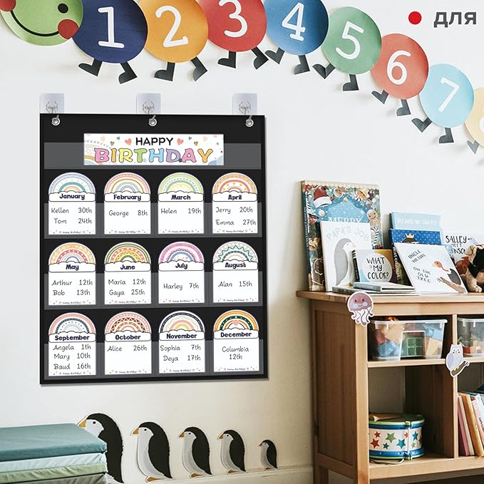 Classroom Birthday Pocket Chart, Birthday Poster for Classroom, Student Birthday Tracker, Classroom Decor (Black)