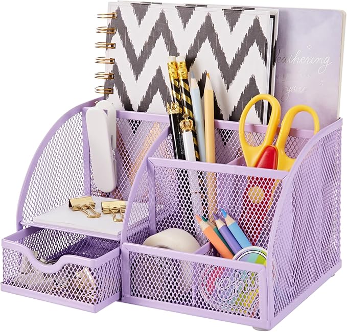 Exerz Desk Organizer Light Purple Office Desk Accessories Supplies Office Storage Desktop Pencil Pen Holder with Drawer Home Workspace