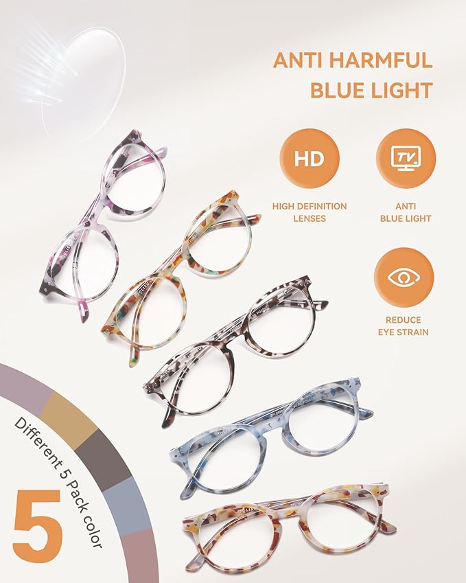 JOLISU 5 Pack Reading Glasses For Women/Men-Blue Light Blocking Computer Reader w/Round Frame - Retro Clear Lens Fake Eyeglasses(2.75)
