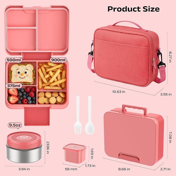 Bento Lunch Box Set for Kids with 8.5oz Hot Food Jar Leak-Proof Lunch Food Container with Insulated Lunch Bag for Toddlers Girls Boys Teens to School, Office, Picnic, Camping, Travel - Pink