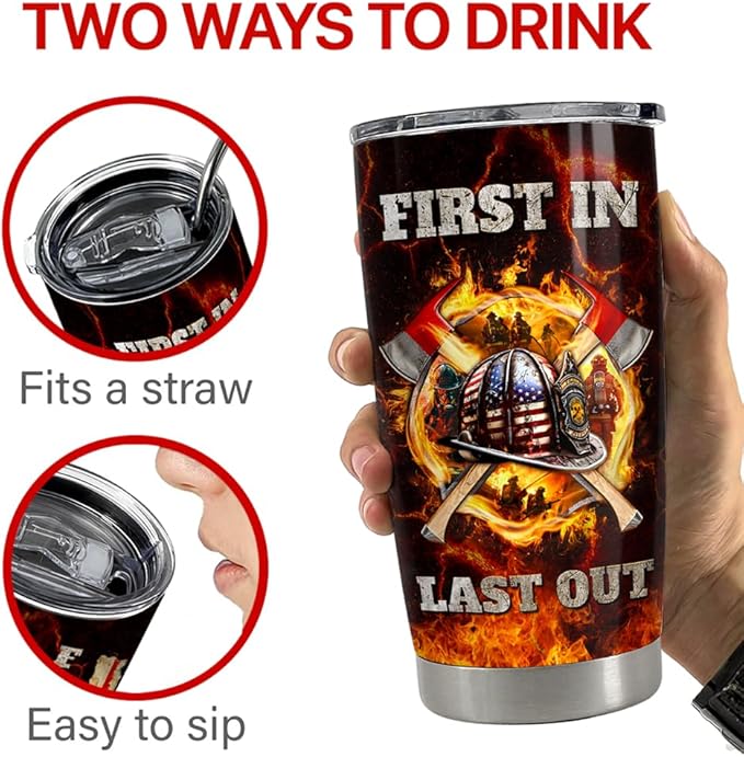 SANDJEST Firefighter Tumbler 20oz Stainless Steel Insulated Coffee Travel Mug Cup for Men Fireman Firefighters Gifts for Birthday Christmas Fathers Day