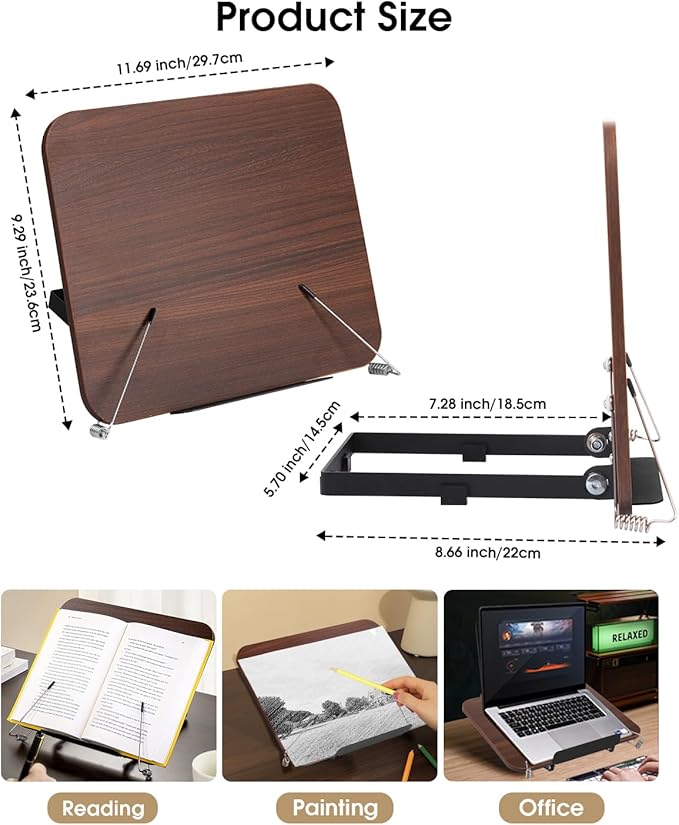 Honagu Desk Book Stand, Reading Rest Holder, Angle Adjustable for Textbooks, Documents, Cookbooks, Music Books, Tablets, Recipes (Brown Wood)
