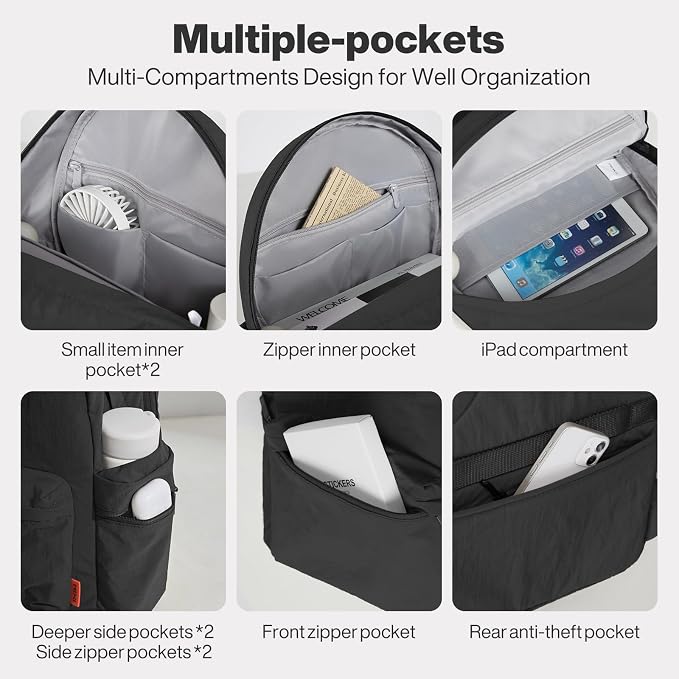 mixi 15 Inch Casual Travel Daypack, Lightweight Laptop Backpack, Black | Ultra Light Backpack, Fits 14in Laptop, Water/Oil/Stain Resistant, Anti-Theft Pocket&Luggage Strap for College Work Hiking