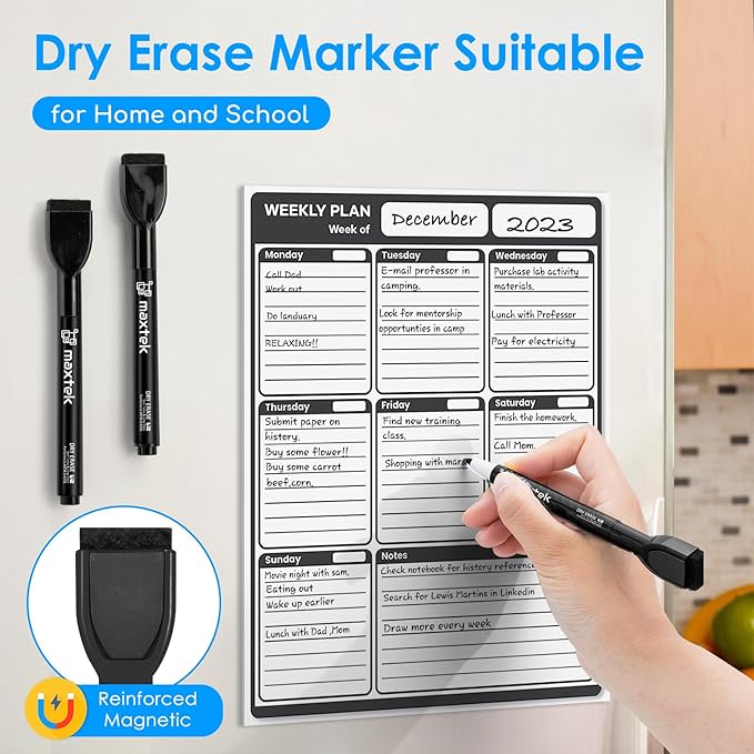 maxtek Magnetic Black Dry Erase Markers, 12 Count Fine Tip Whiteboard Markers with Eraser, Thin Markers Low Odor for Classroom, Office, Home