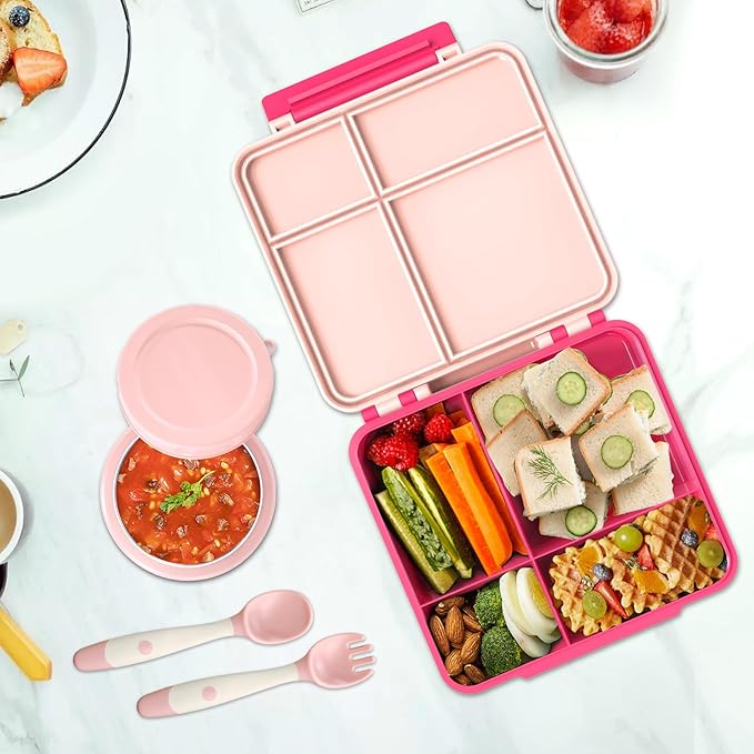 Aimsnk Kids Bento Lunch Box with 8oz Soup Thermo, Kids Leakproof Lunch Food Containers with 4 Compartment,Insulated Hot Food Jar with Lunch Bag for School, Travel (Pink)