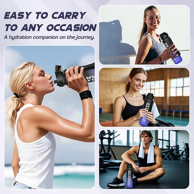Water Bottle, 32 oz Sports Water Bottles with Time Marker Wide Mouth, Motivational and Leakproof Drink Bottle, BPA Free Tritan with Carry Strap for Gym Fitness Outdoor(1 Bottle)