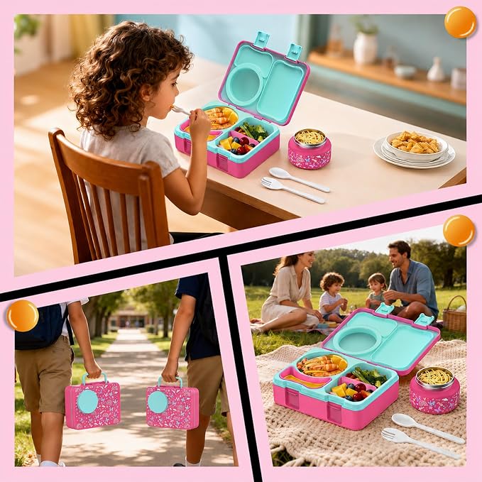 Kids Insulated Lunch Box with 8OZ Thermo Food Jar | Leakproof Bento Box with Ice Pack Sauce Cup Utensils Removable Tray & Dividers for School Daycare Travel, Rainbow Butterflies