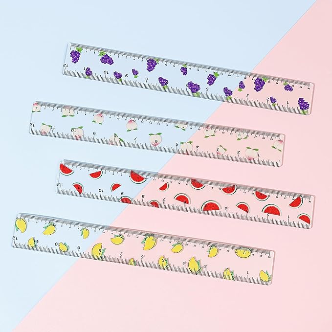 BAYTORY 4Pcs Transparent Acrylic Ruler 12 Inch, Clear Plastic Straight Rulers, Shatterproof Student Stationery Centimeters with Inches, for Classroom Essentials School Supplies (Fruit 12 Inch)