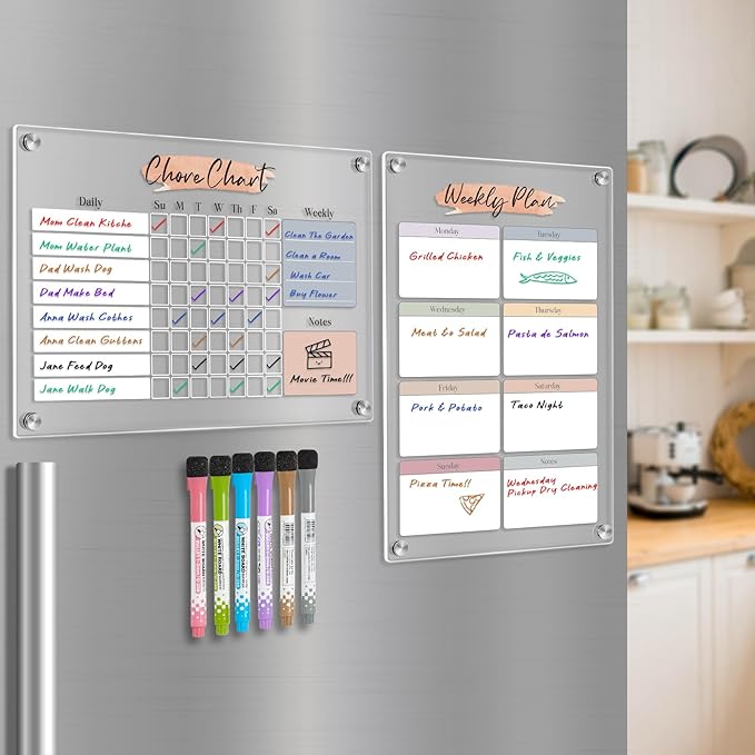 Magnetic Dry Erase Acrylic Chore & Weekly Calendar Set for Fridge, Refrigerator Visual Color-Block Design with 6 Color Erasable Magnetic Markers, Ideal for Kitchen Meal Planner & Fmaily Work Task