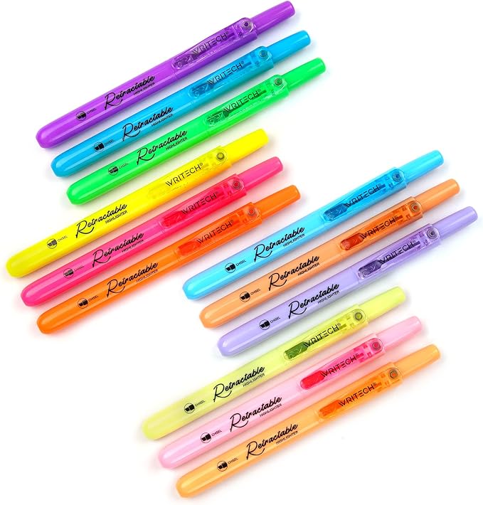 WRITECH Retractable Highlighters Assorted Colors: Chisel Tip Click Aesthetic Highlighter Marker Pens Pack Multi Colored Ink No Bleed Smear for Highlighting Journaling (12ct Neon+Pastel)