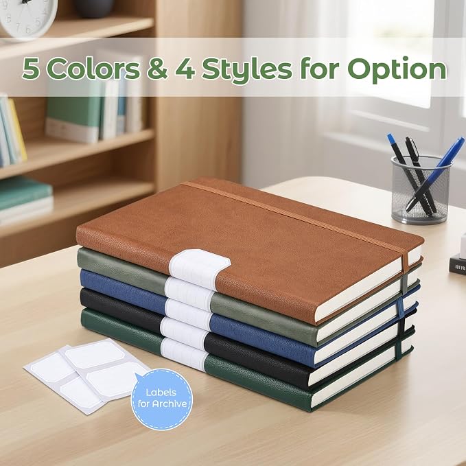 MALEDEN Notebook, A5 Hardcover Leather Notebook for Work, Notebook Journal for Women, Men, 192 Thick Paper, Large Notebook with Pockets, Professional Business Notebook (College Ruled, Light Green)
