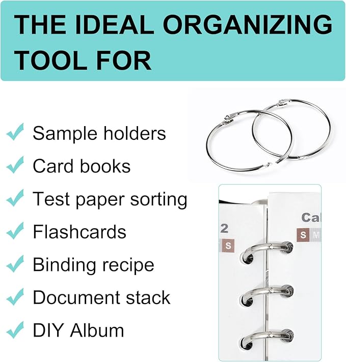 uxcell Loose Leaf Binder Rings, 2.2 Inches Nickel Plated Steel Paper Key Rings for Flash Cards Index Card Rings, 4 Pcs Keychain Book Ring for Home Office Crafts Keys Attachment, Silver