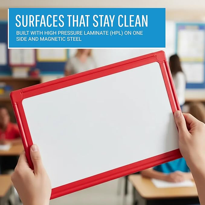 MasterVision Schoolmate Small Dry Erase Lap Whiteboard, 12" x 8", Magnetic Lap Board, Red Frame, Double Sided White Board (Blank/Gridded), for Kids, Students, Schools