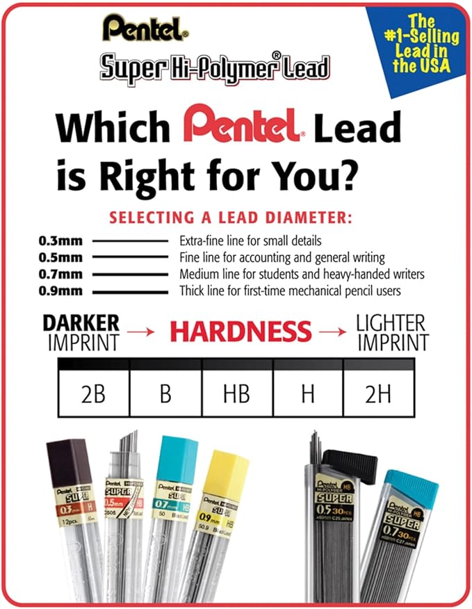 Pentel Super Hi-Polymer Lead Refills, (0.5 mm), Fine, HB, Pack of 3, 90 Pieces (C25BPHB3-K6)
