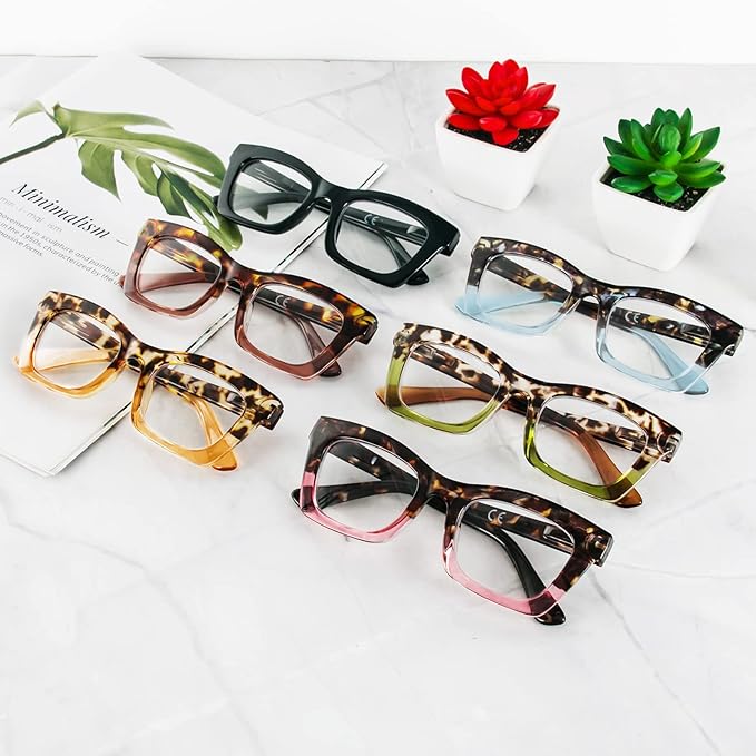 REAVEE 6 Pack Reading Glasses for Women Blue Light Blocking, Cute Square Computer Readers with Spring Hinge