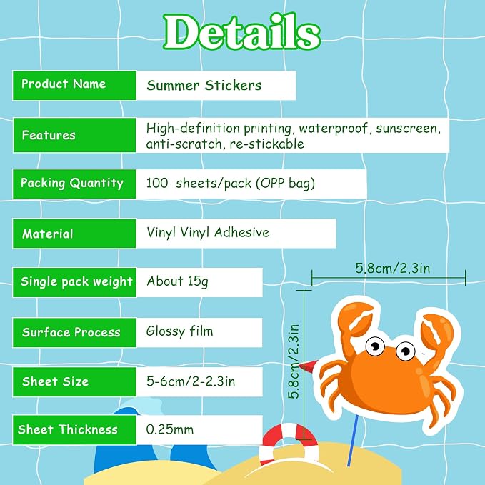 OHOME Summer Stickers | 100 PCS Hawaiian Beach Stickers for Kids - Vinyl Summer Games Toys Gifts Activities Party Favors Supplies - Tropical Crafts Bulk for Classroom Home - Travel Essential for Kids