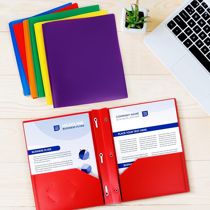 24-Pack Plastic Folders with Pockets and Prongs,2-Pocket Folders with 3 Fasteners, Holds 8-1/2" x 11" Paper for School/Office/Home, Red