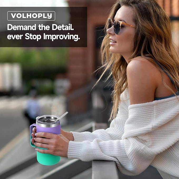 Volhoply 22oz Insulated Stainless Steel Coffee Mugs with Leakproof Lid Bulk 2 Pack,Double Wall Vacuum Travel Coffee Cup with Handle,Reusable Metal Tumbler,Camping Mug Keep Hot&Cold(Purple Green,2)
