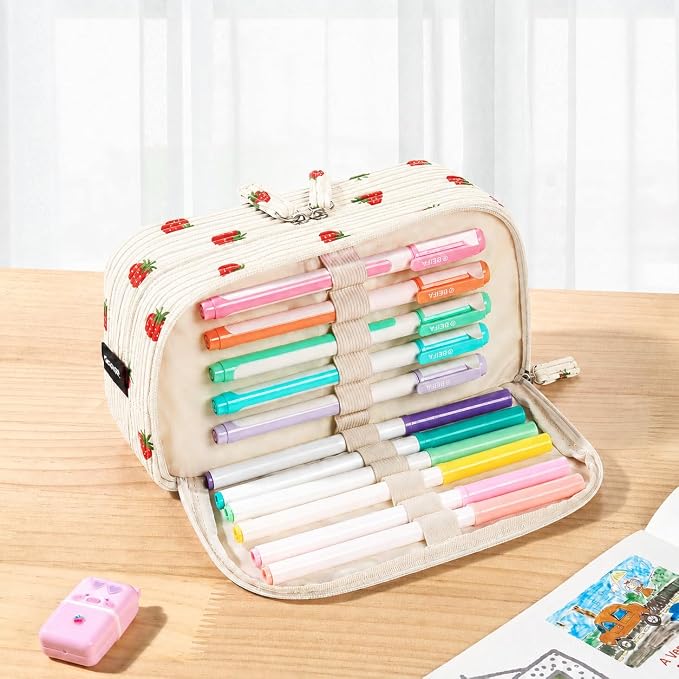 Sooez Big Capacity Pencil Case Pen Pouch, Soft Corduroy Pencil Bag with 3 Compartment, Multiple Pockets, Sturdy Zipper, Cute School Supplies Pen Bag Organizer For Teen Girls-Strawberry